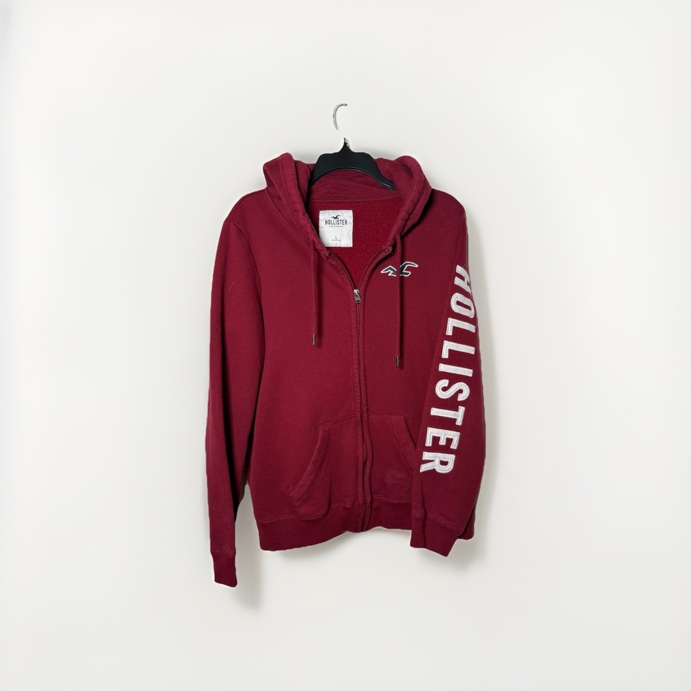 Hollister Hoodie Mens Large Burgundy Full Zip California‎ Logo Sleeve Sweatshirt